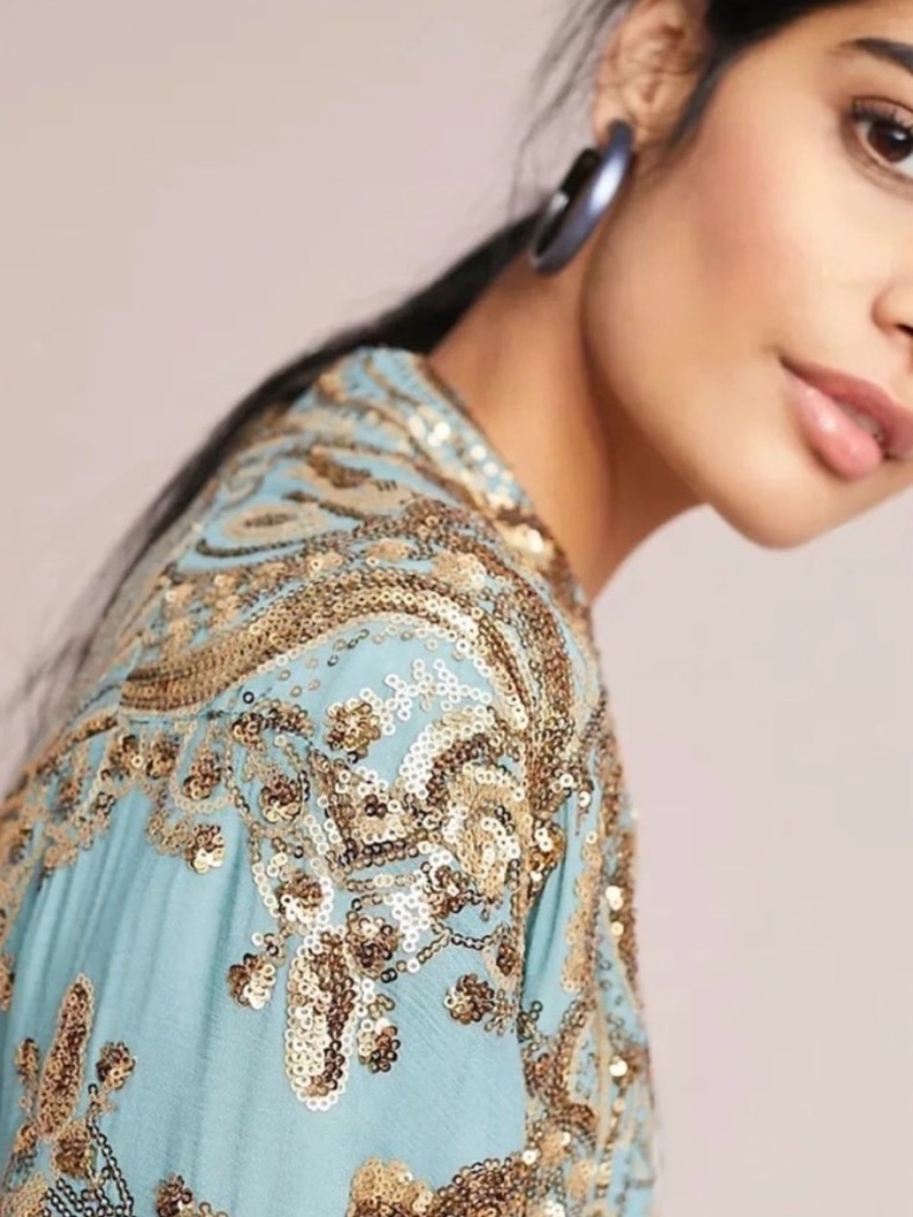 Anthropologie Turquoise Blue Jacket with Gold Sequin Embellishment